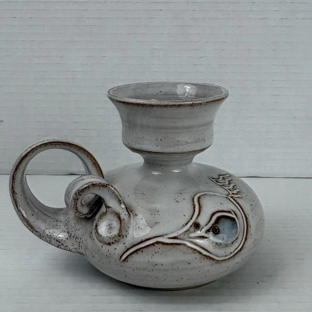 Vintage Handunnid Iceland Pottery Sigurdur Hauksson Fish Candle Holder Signed